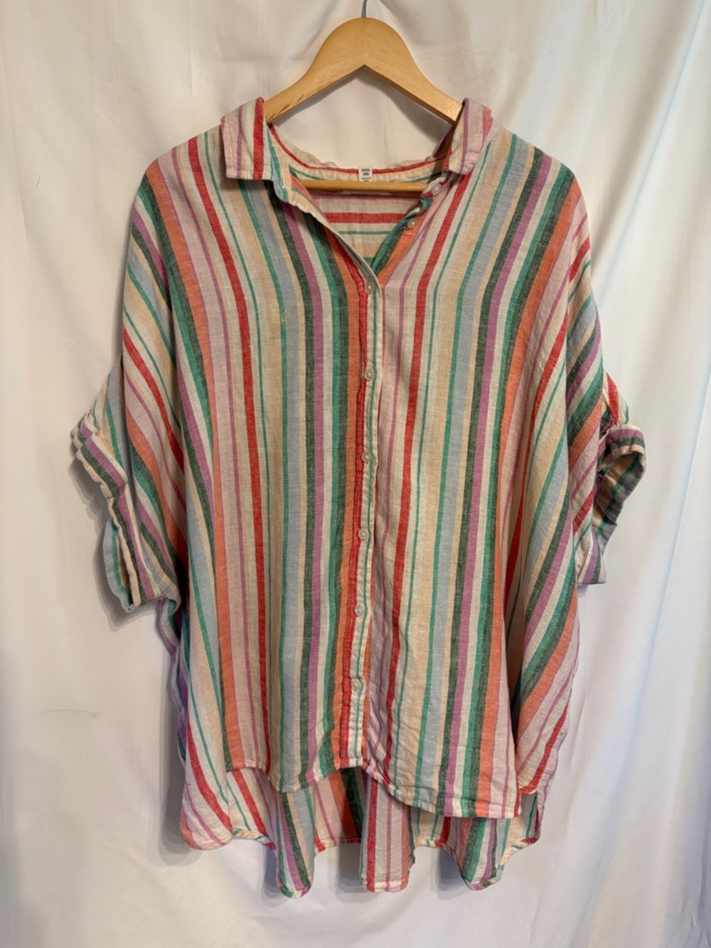 Time and Tru Striped Button-Up Boxy Granola-girl Linen Blend Blouse XXXL